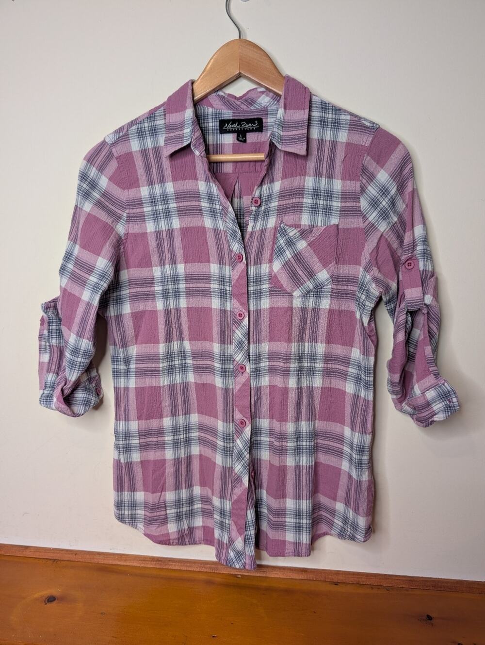 North River Outfitters Mauve Plaid Shirt Women's Large Cotton Button Down